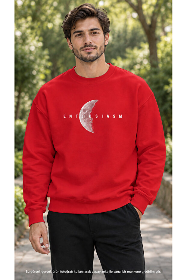 Men's Minimalist Moon Phase and Enthusiasm Text Printed Crew Neck Casual Regular Fit Sweatshirt