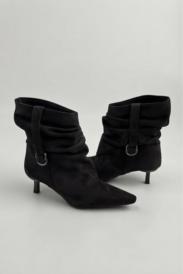 Shape Slouchy Drawstring Wide Ankle Side Belt Detailed Short Heeled Pointed Toe Women's Boots Bootie