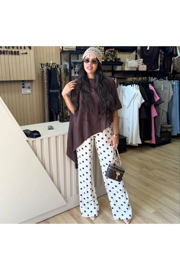Women's Beige Brown Polka Dot Satin Trousers