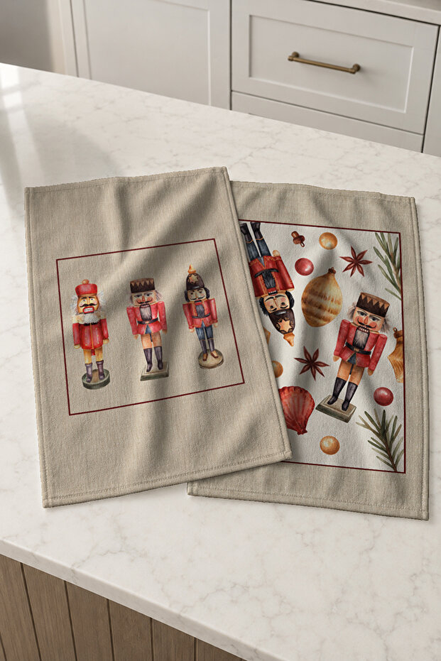 Nutcracker Keepsake Triple Nutcracker and Colorful Christmas Ornaments Cream 2-Piece Kitchen Towel Set 35X55