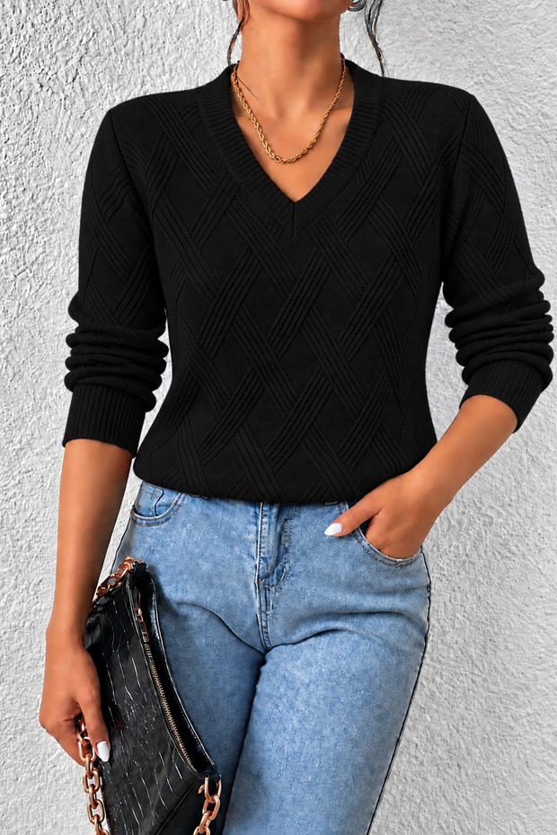 Women's V-Neck Long Sleeve Knitted Patterned Black Knitwear Sweater