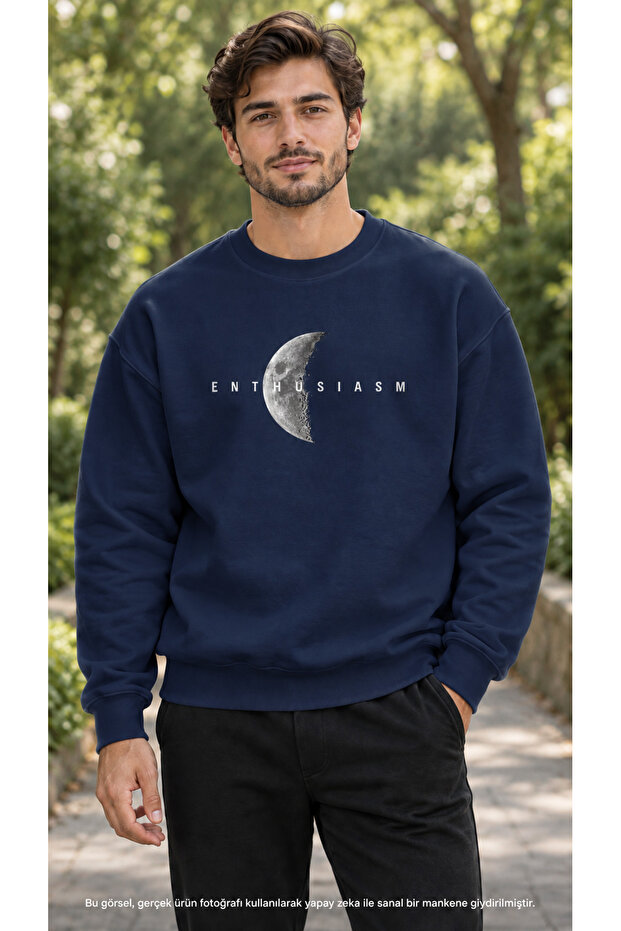 Men's Minimalist Moon Phase and Enthusiasm Text Printed Crew Neck Casual Regular Fit Sweatshirt