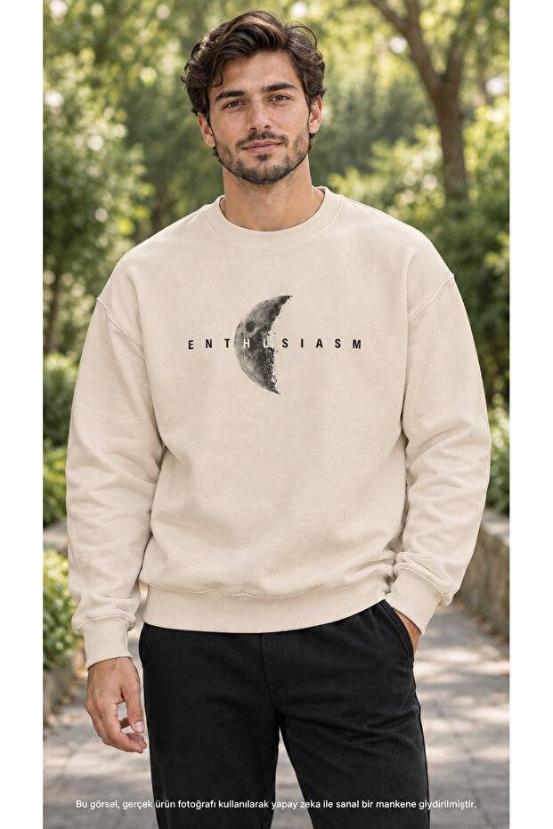 Men's Minimalist Moon Phase and Enthusiasm Text Printed Crew Neck Casual Regular Fit Sweatshirt