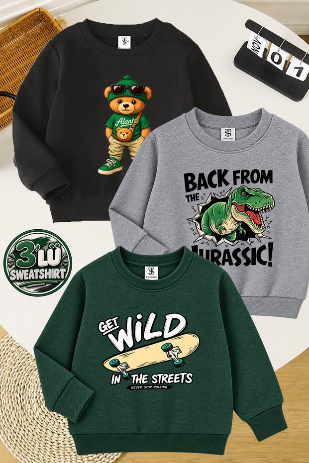 Skateboard and Bear Printed 3-Pack Unisex Black-Grey-Green Children's Sweatshirt