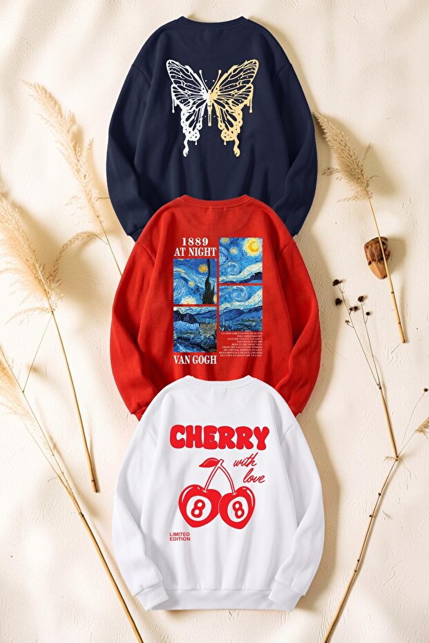 Unisex Mixed Printed Crew Neck Sweatshirt Set – Pack of 3