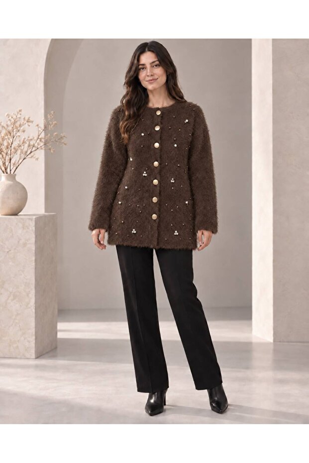 Women's Crew Neck Pearl and Stone Embellished Copper Buttoned Long Sleeve Fuzzy Embroidered Knitwear Tunic Jacket