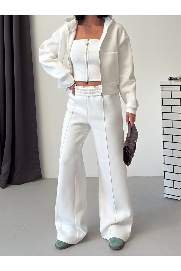 Women's White Zippered Bustier 3 Threaded Threaded Triple Tracksuit Set Get26372