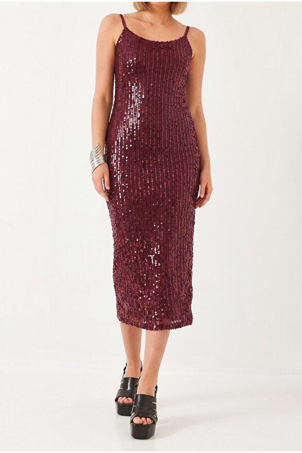 Women's Burgundy Adjustable Strap Sequined Midi Dress Nj182