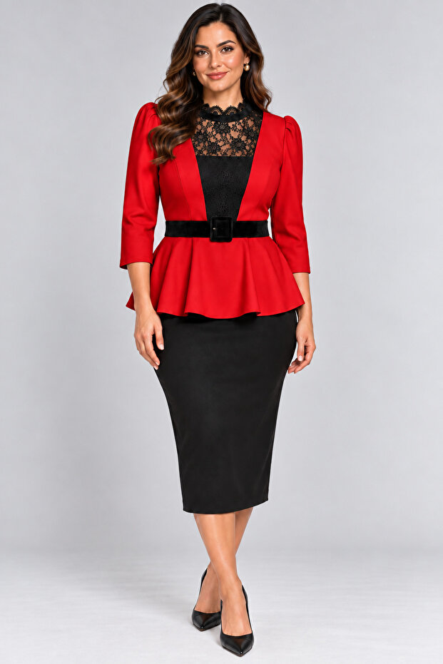 Plus Size, Belted, Stylish Blouse with Lace Details