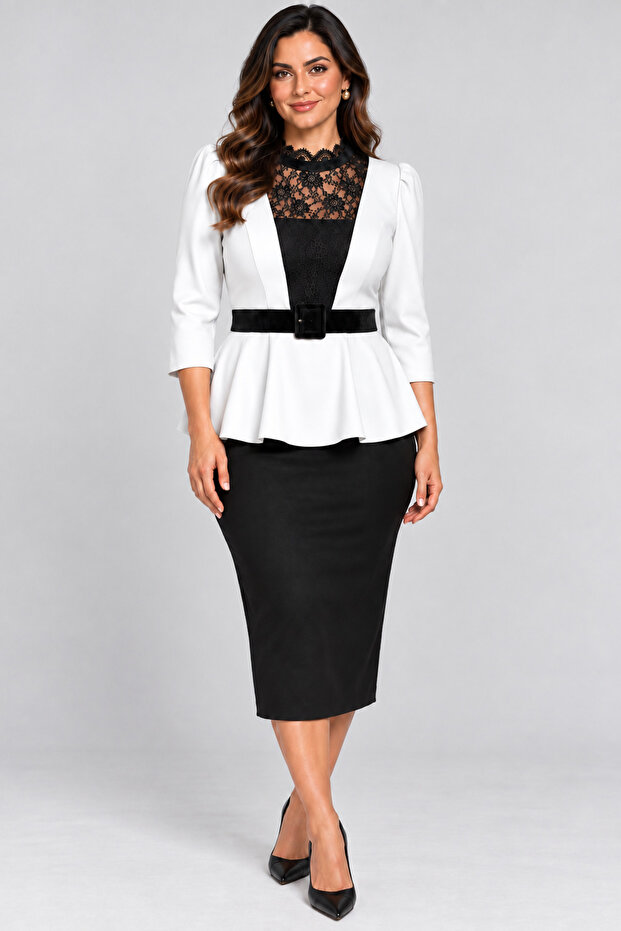 Plus Size, Belted, Stylish Blouse with Lace Details