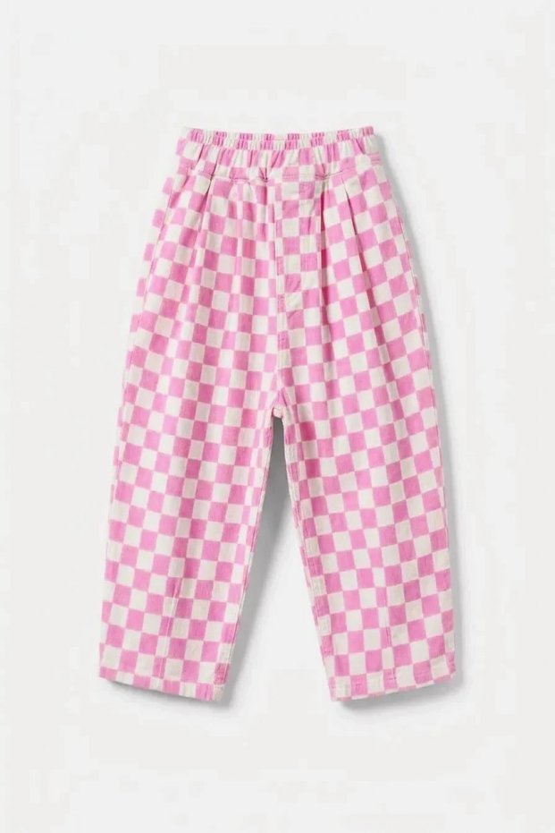 Girl's Checkerboard Patterned Pink Jeans