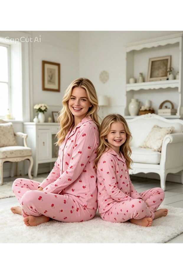 Mother-Daughter Matching Cherry Patterned Pajama Set | Pink Long Sleeve Comfortable & Soft Stylish Home Wear (Buy Separately)