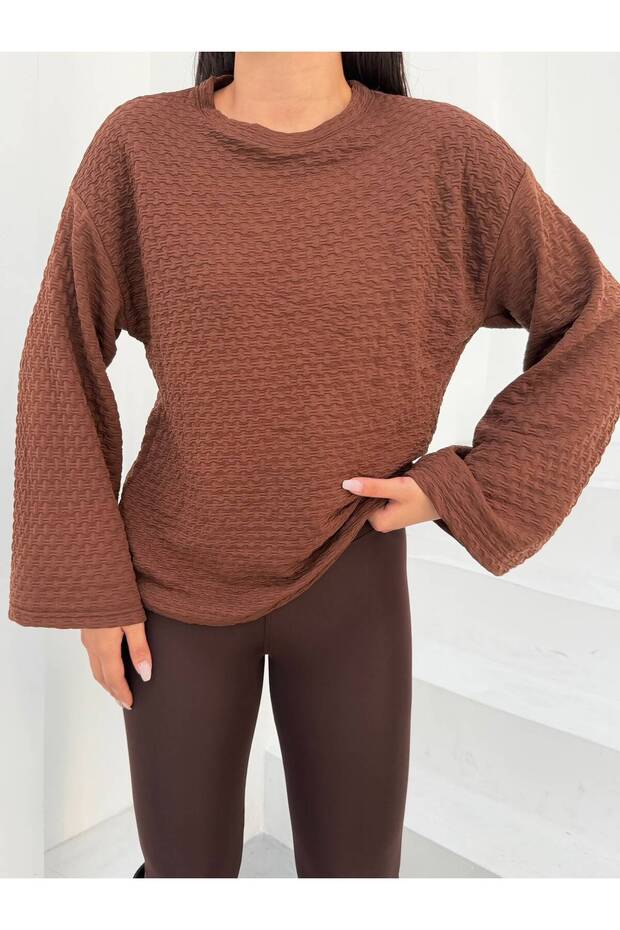 Women's Brown Seersucker Textured Wide Sleeve Blouse Frv0230