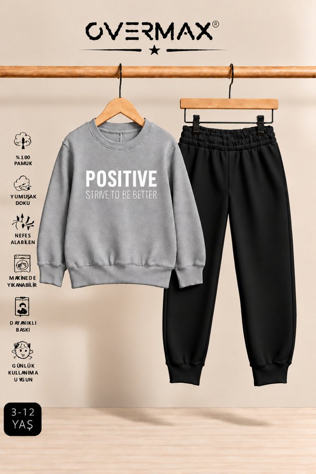 Positive Printed Children's Hoodless Sweatshirt and Sweatpants Set – Ages 3-12