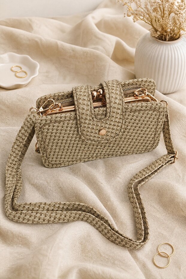 Gold Detailed Multi-Functional Hand and Shoulder Bag -Beige