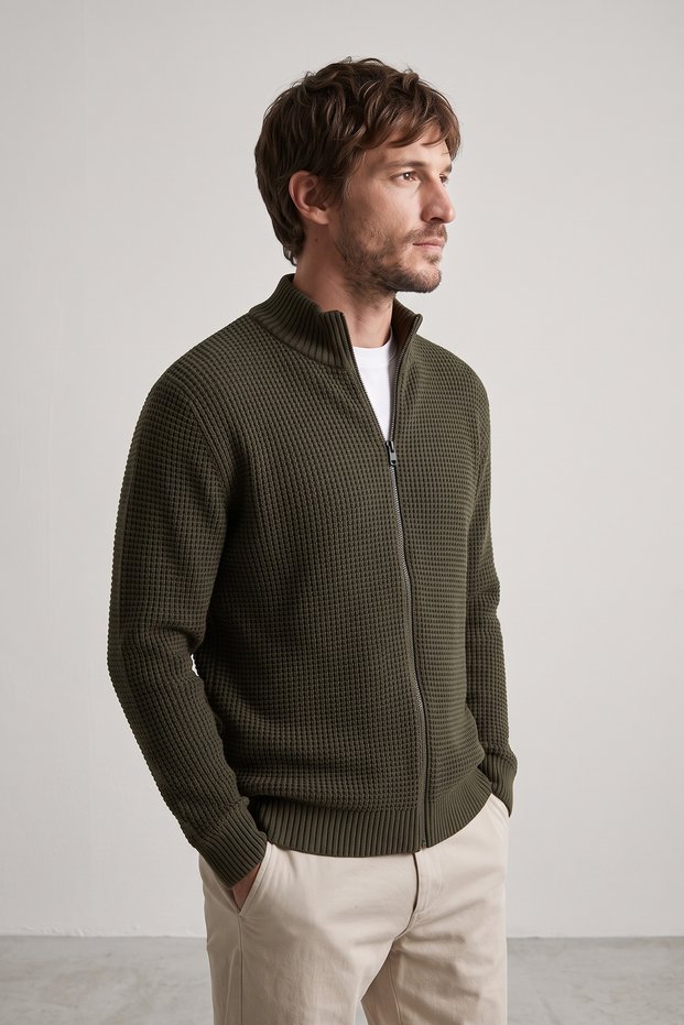 Men's Zippered Cardigan Regular Fit Half Turtleneck Khaki Knitwear Jacket Relaxed Fit Waffle Knit Green