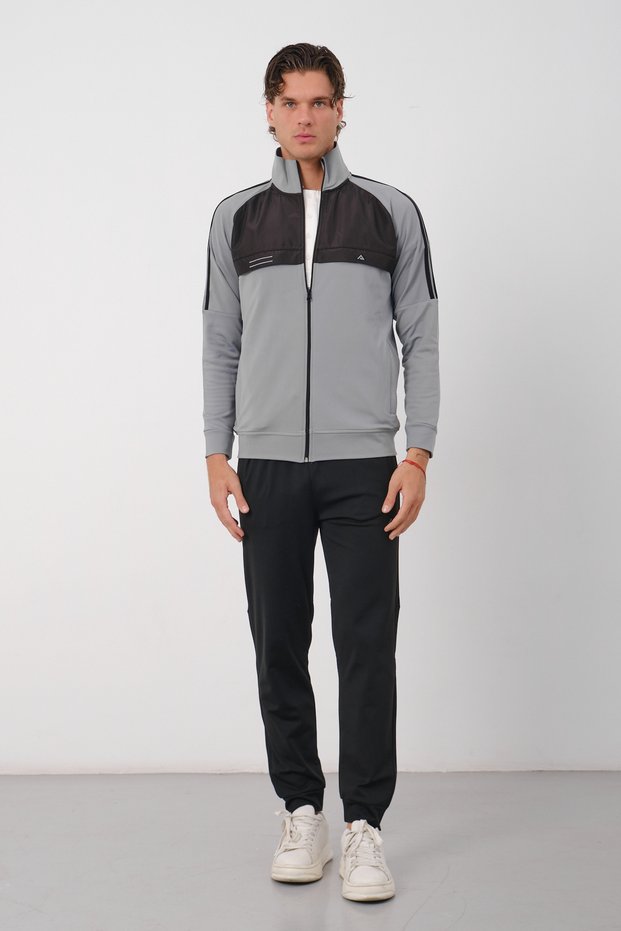Men's Gray Winter Stand Collar Zippered Diving Fabric Inside Cotton Regular Fit Tracksuit Set - E227