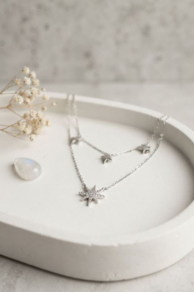 Brass Silver Color Zircon Stone Pole Star Model 2-Piece Women's Necklace