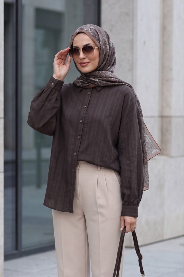 Oversized Shirt with Long Back, Oval Cut and Buttons - Dark Brown