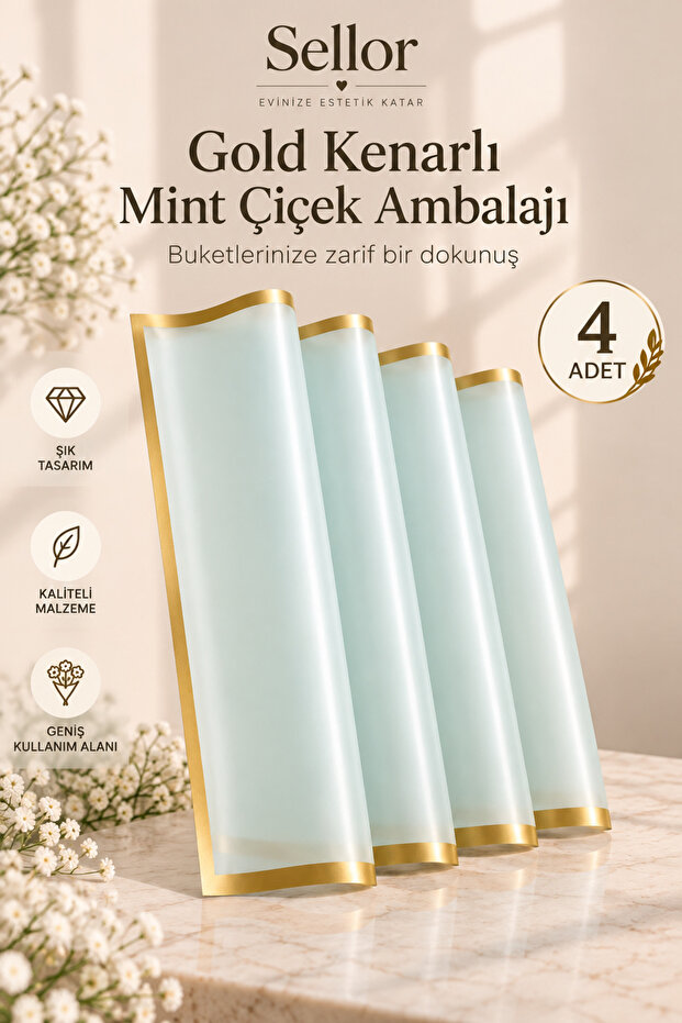 Gold Edged Mint Flower Bouquet Packaging 57X57 cm Set of 4 Flower Packaging Materials