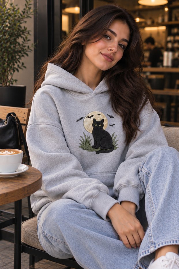 Women's Oversize Cat Printed Hooded Sweatshirt 3 Thread Kangaroo Pocket Comfortable Fit Daily Wear Sports Casual Hoodie