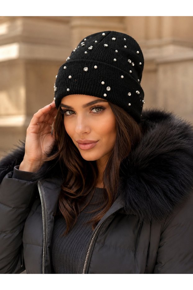 Black Pearl and Stone Detailed Folded Knitwear Beanie Bere1160