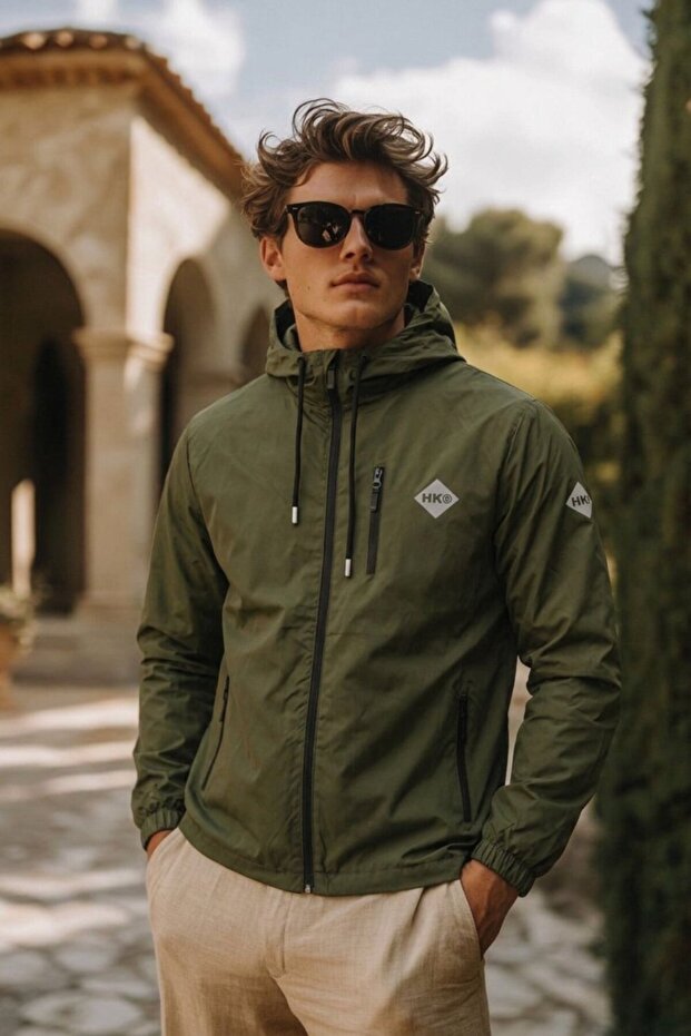 Men's Seasonal Trend Hooded Zippered Khaki Raincoat & Windbreaker