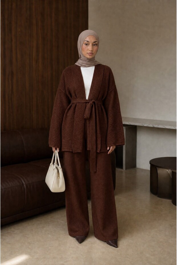 Women's Comfortable Cut Kimono Collar Belted Hijab Knitwear Double Set