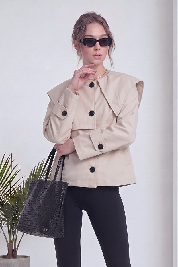 Women's Wide Collar Buttoned Short Trench Coat Black, Brown, Beige, Khaki