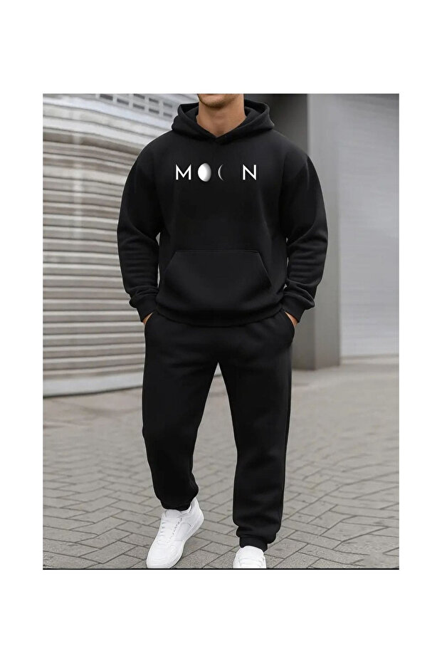 Mix Printed Men's Black Hooded Top and Elastic Cuffed Bottom Tracksuit Set