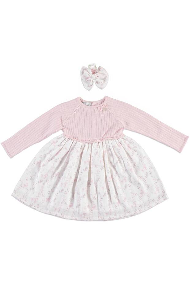 Girl's and Baby's Pink Gray 100% Cotton Floral Patterned Dress and Buckle Set