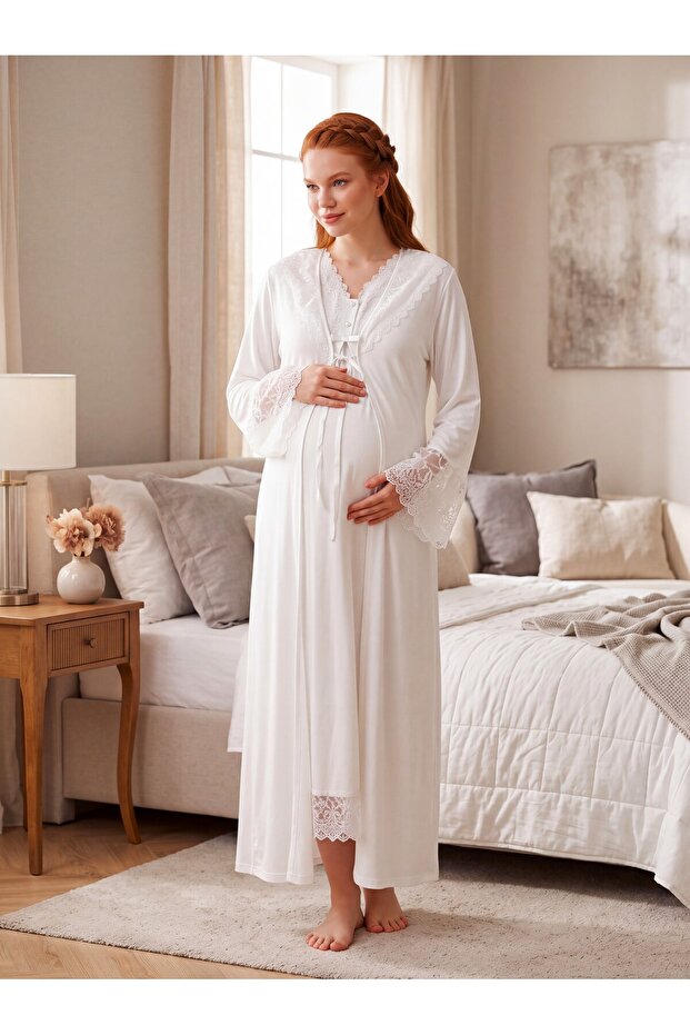New Season Ecru Lace Detailed Special Design Long Sleeve 100% Cotton Maternity Nightgown Set with Breastfeeding Feature
