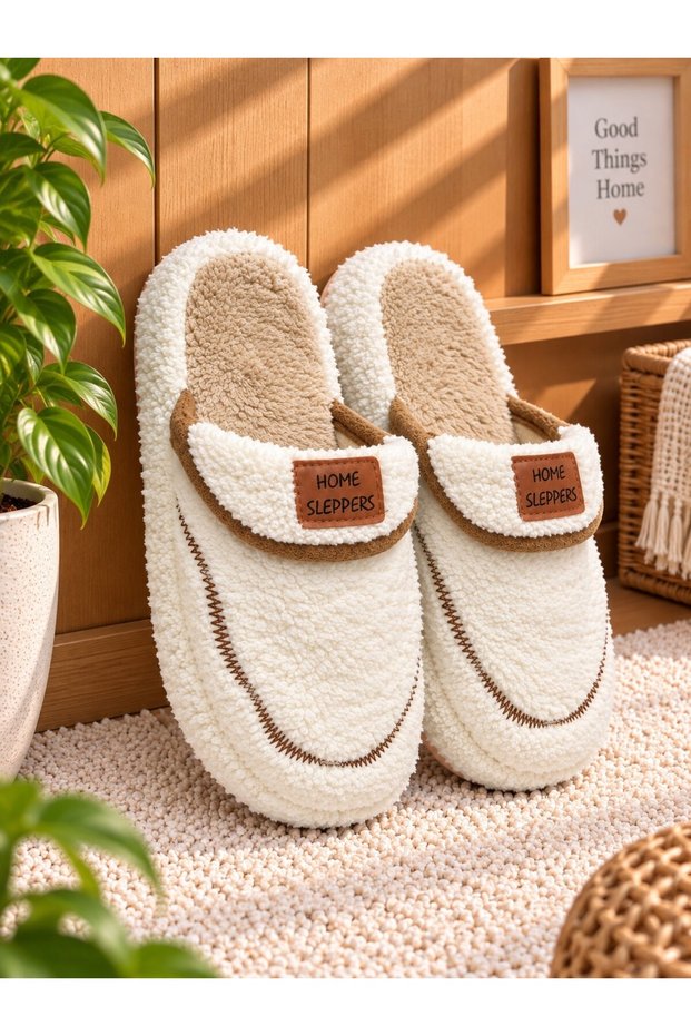 Home Sleep Model Buckle Towel Women's House Slippers - Warm and Fluffy Slippers with Noise-Free Soles