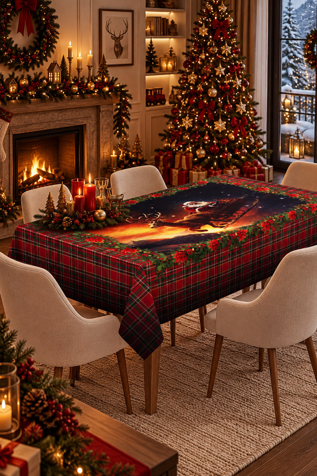 Christmas Tablecloth with Santa Claus – Decorative New Year Tablecloth with Christmas Pattern
