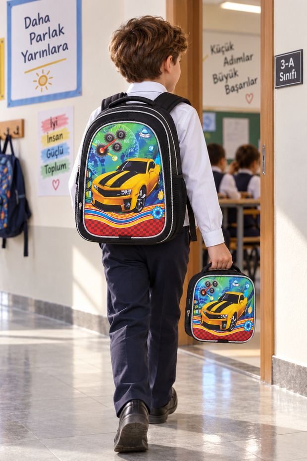 Yellow Car Luxury Glittery Set of 2 Primary School School Bag Lunch Bag Backpack 40 X 27 X 15