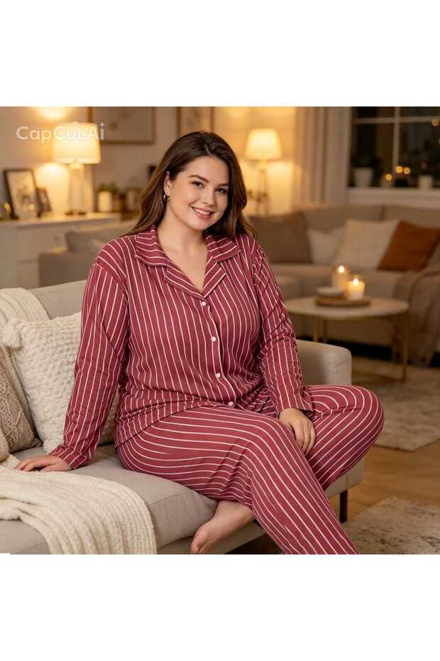 Battal Large Size Women's Striped Pajama Set Long Sleeve Buttoned Comfortable Fit Soft Fabric (3Xl-4Xl-5Xl Sizes)