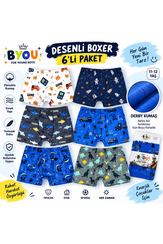 Boys' Derby Fabric Patterned Boxers 6-Pack Flexible Soft Textured Mixed Pattern