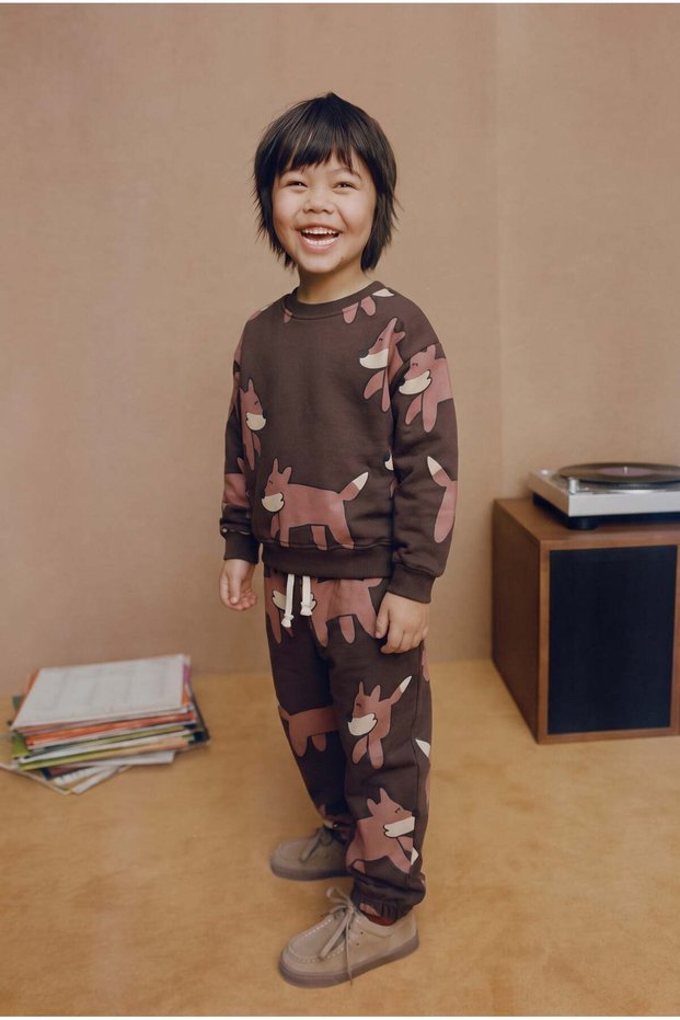 Children's Cotton Fox Patterned Brown Sweatshirt and Sweatpants Set