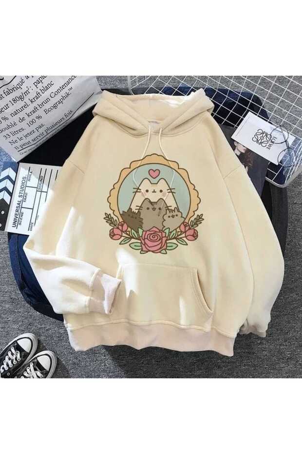 Unisex Beige Relaxed Fit Hooded Kangaroo Pocket Thick Sweatshirt