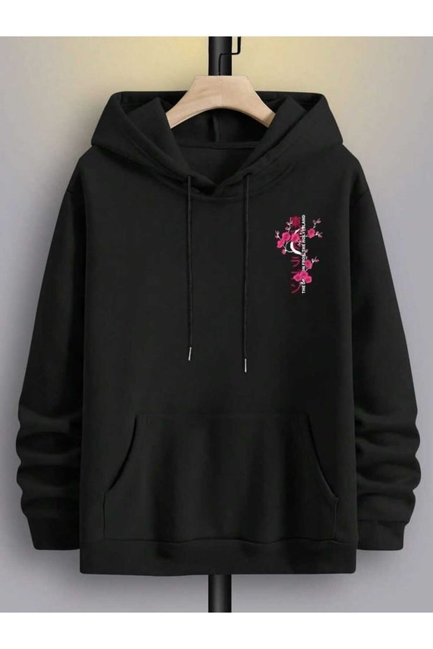 Unisex Black Off-Shoulder Oversize Hooded Casual Sweatshirt with Kangaroo Pocket