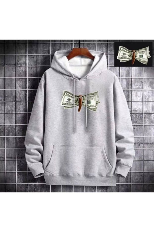 Unisex Gray Low Shoulder Oversize Hooded Casual Sweatshirt with Kangaroo Pocket