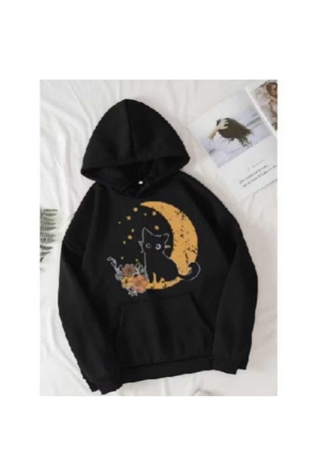 Unisex Black Relaxed Fit Hooded Kangaroo Pocket Thick Sweatshirt