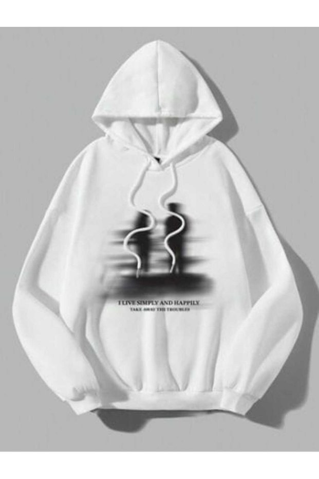 Unisex White Streetwear Oversize Hooded Casual Cotton Sweatshirt with Pockets