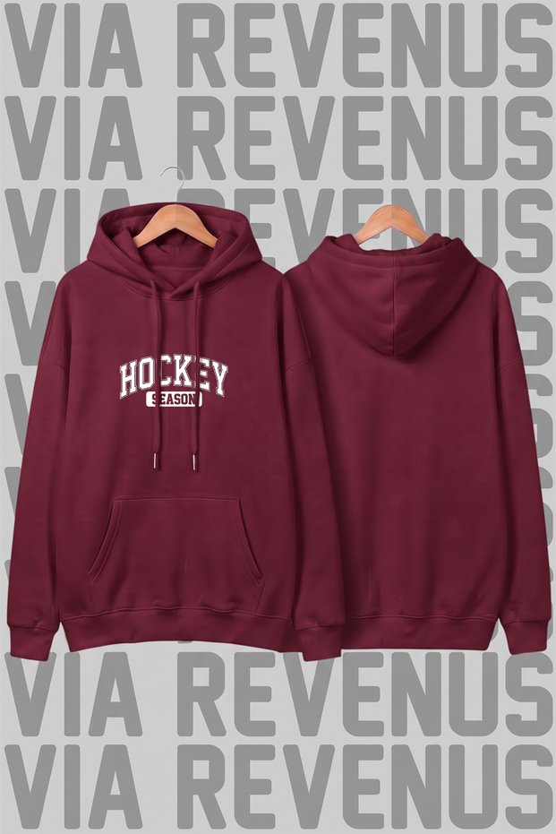 Hockey Season Printed Unisex Wide Fit Hoodie - 3 Thread Fleece Hood Lining with Drawstring Detail