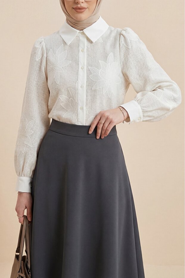 Watermelon sleeve floral embroidered etamine shirt - cream