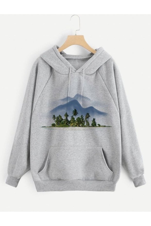 Unisex Gray 3 Thread Threaded Oversize Hooded Sweatshirt Basic Comfortable Cut