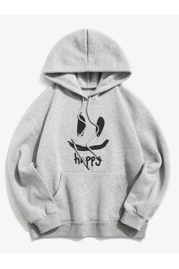 Unisex Gray Relaxed Fit Hooded Kangaroo Pocket Thick Sweatshirt