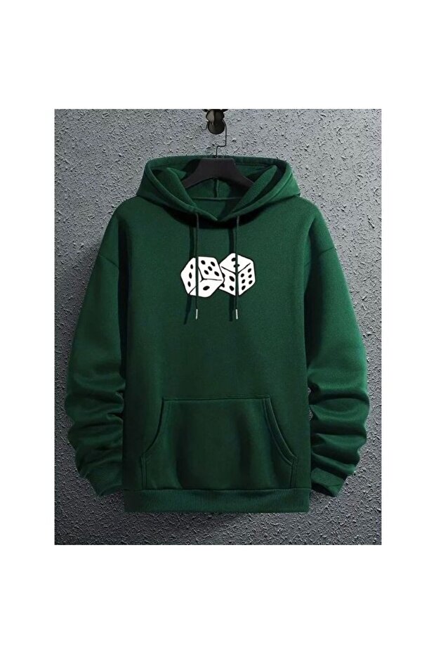 Unisex Green 3 Thread Threaded Oversize Hooded Sweatshirt Basic Comfortable Cut