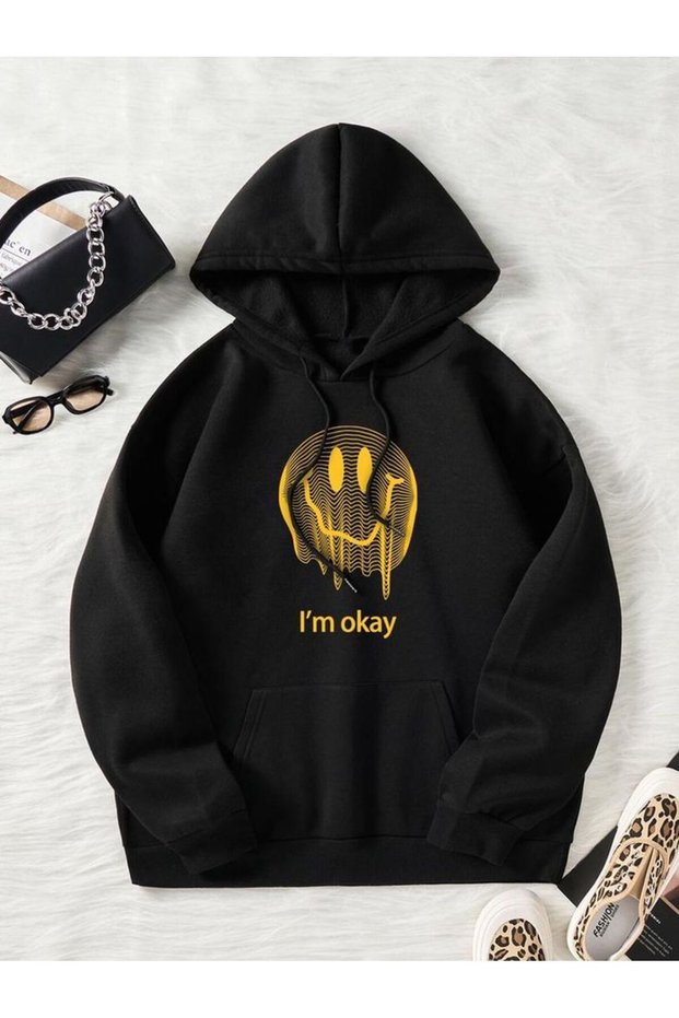 Modexa Unisex Hoody Black Streetwear Oversize Hooded Casual Cotton Sweatshirt with Pockets