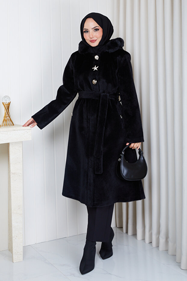 Women's Brooched Collar Fur Detailed Coat